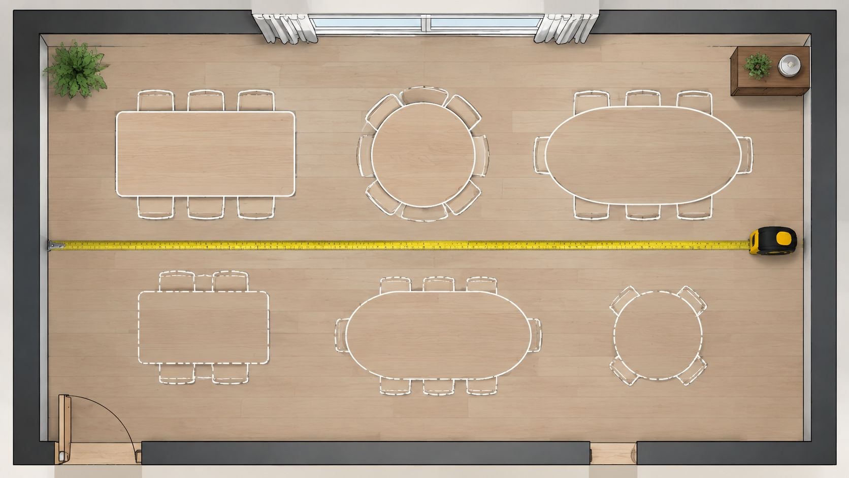 A top-down view of a room showing various dining room tables with a yellow tape measure.