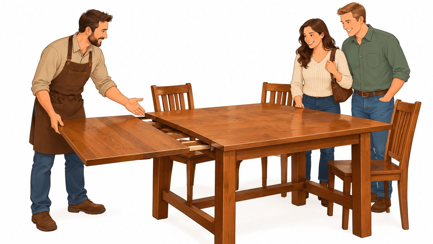 A craftsman demonstrating an expandable wooden dining table to a smiling couple in a bright studio.