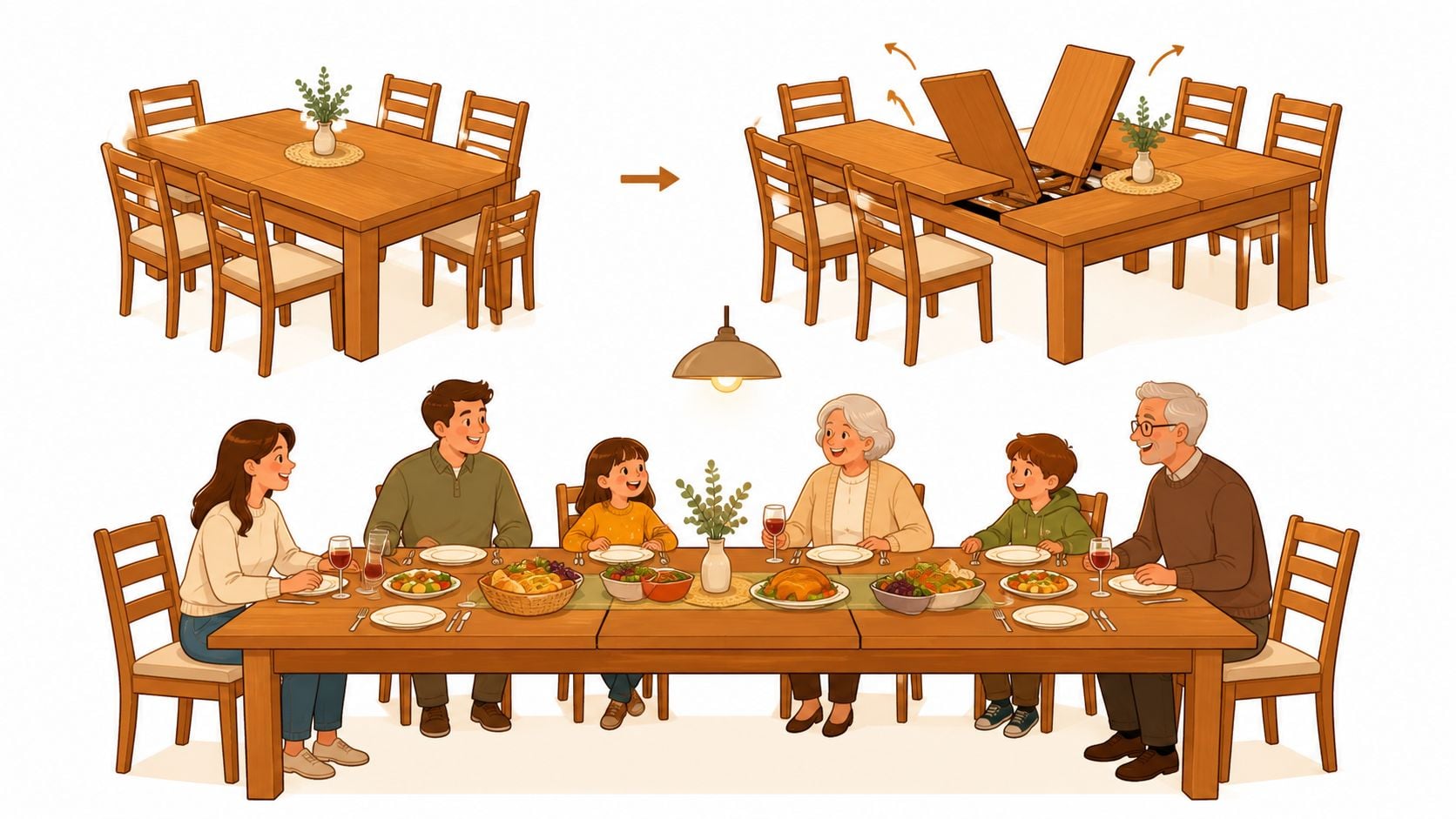 A diagram demonstrating how to expand a wooden dining room table by inserting hidden extension leaves.