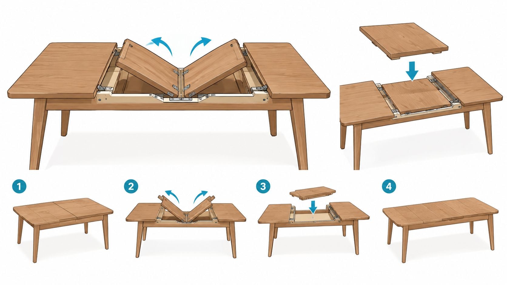 A diagram demonstrating the mechanism of an extendable wooden dining table with a storage leaf inside.