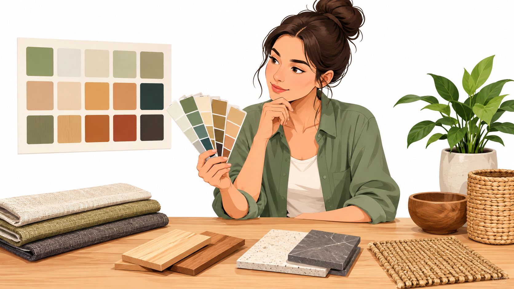 A woman interior designer evaluating earth tone color swatches and fabric samples on a wooden desk.