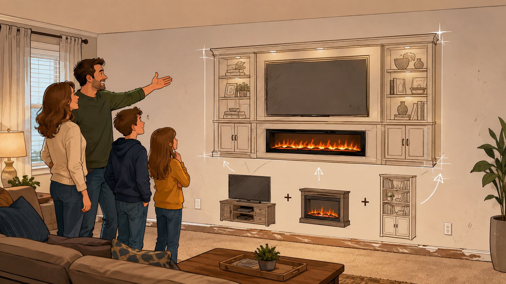 A family looking at a digital projection of a custom built-in fireplace media console on their wall.