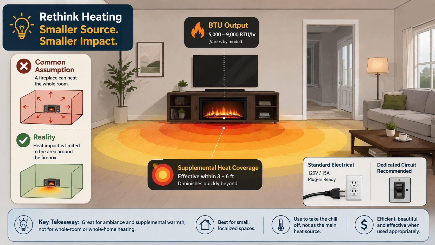 An infographic showing the heating limitations of an electric fireplace media console in a living room setting.