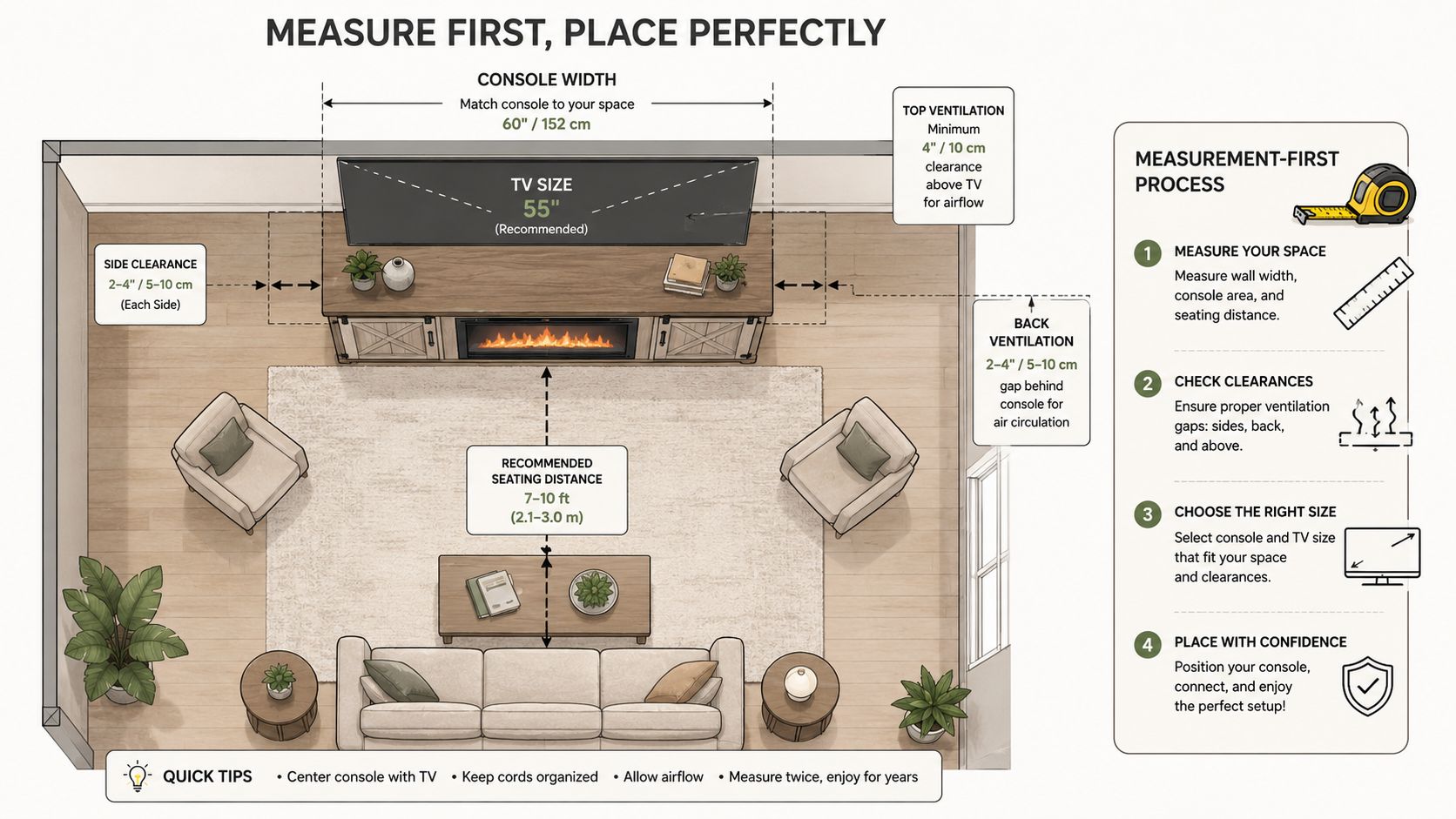A diagram illustrating the ideal measurements and spacing for placing a TV fireplace media console in a room.