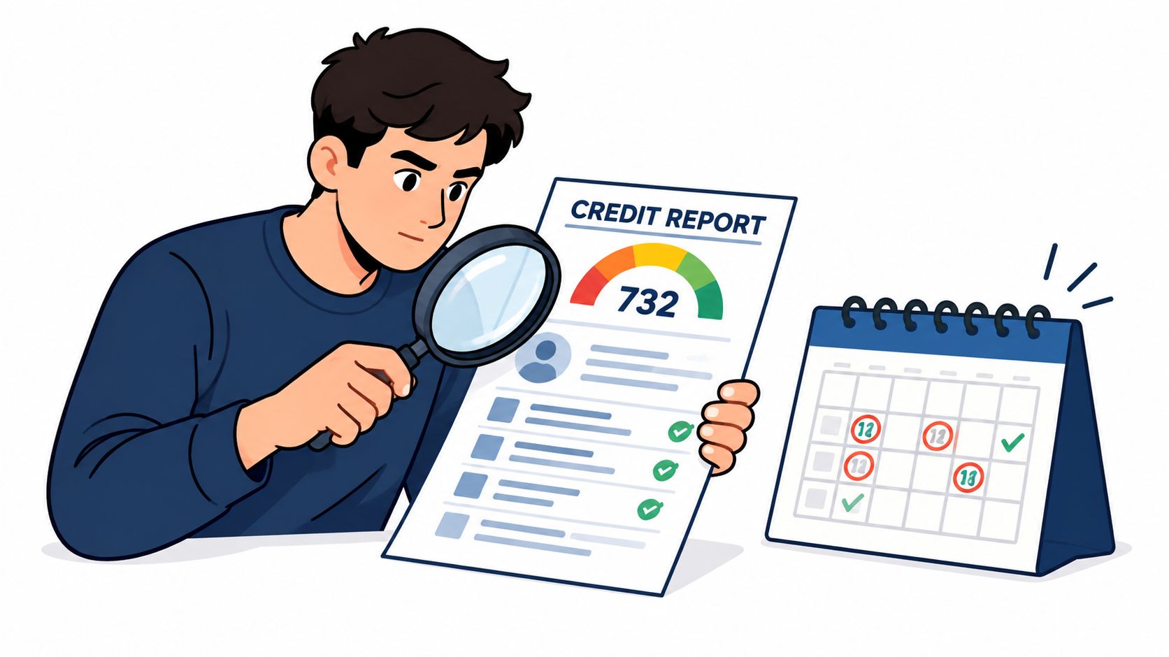 A young man examining a credit report with a magnifying glass beside a calendar with marked dates.