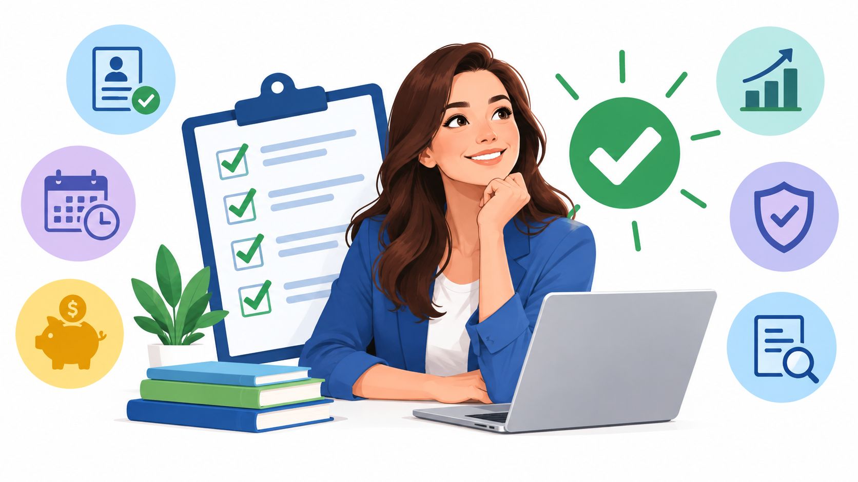 A professional woman working on a laptop surrounded by productivity icons and a checklist for financial planning.