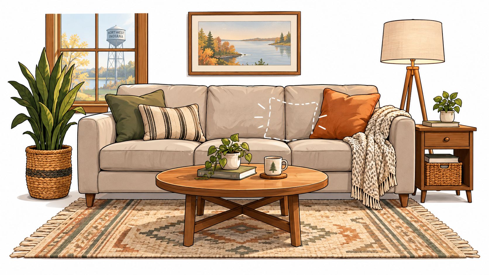 A cozy living room featuring a beige sofa decorated with accent pillows, a coffee table, and greenery.