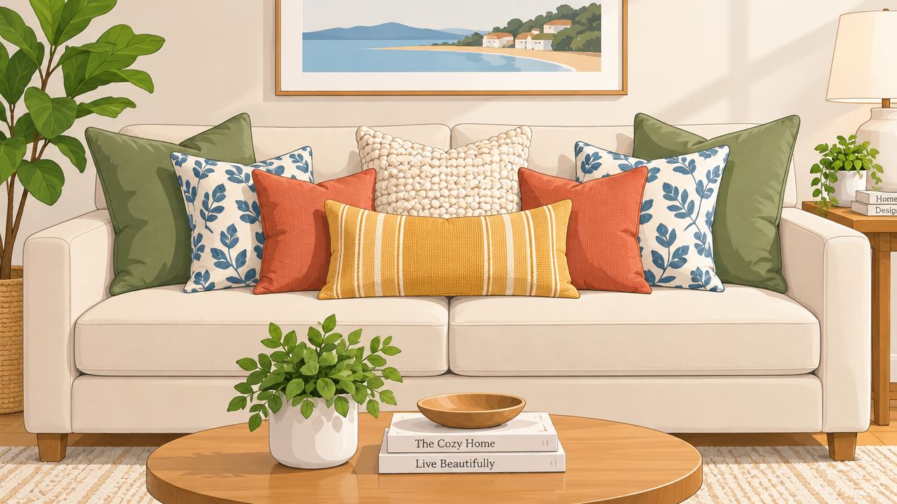 A cozy living room sofa decorated with colorful accent pillows in green, blue, orange, and yellow patterns.