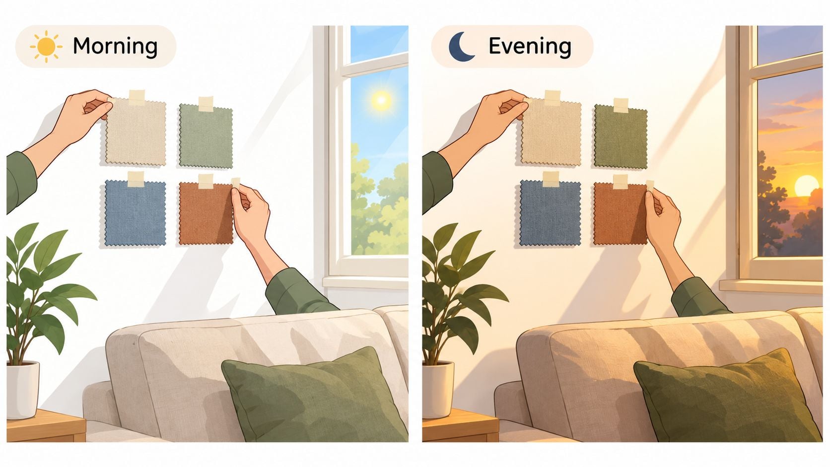 A person tests various fabric swatches on a living room wall during morning and evening sunlight.