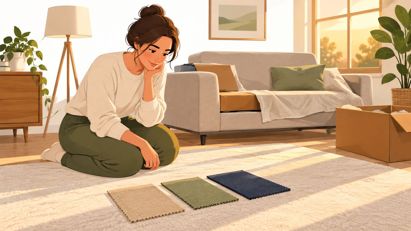 A woman kneeling on a rug, comparing three different fabric swatches to help choose a sofa color.