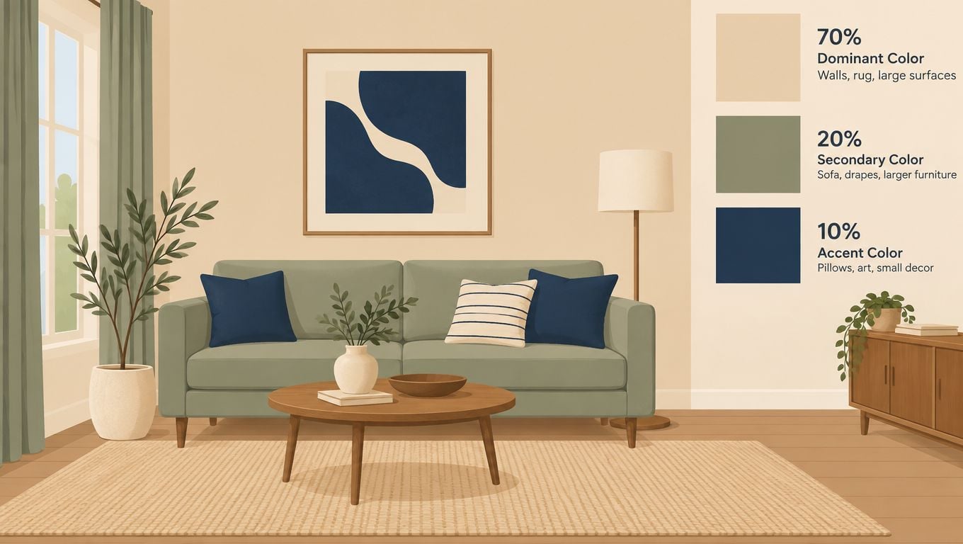 A living room illustration demonstrating a 70-20-10 interior design color scheme with a sofa and decor.