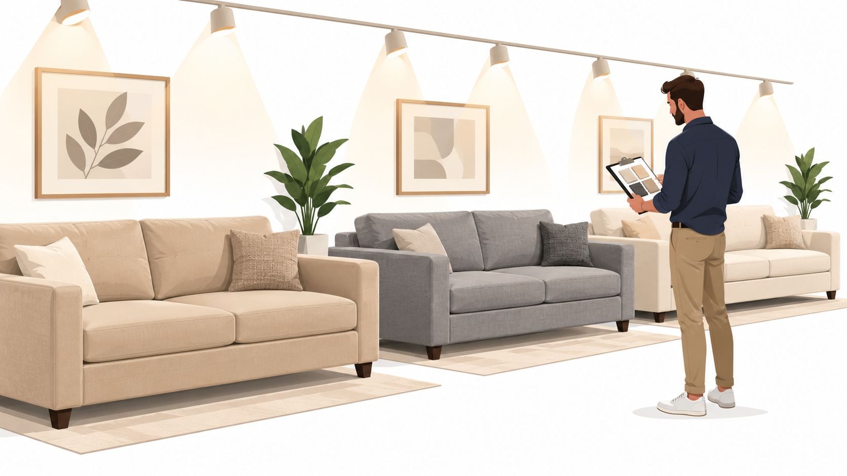 A professional furniture store employee reviewing fabric swatches while standing in front of various modern sofas.