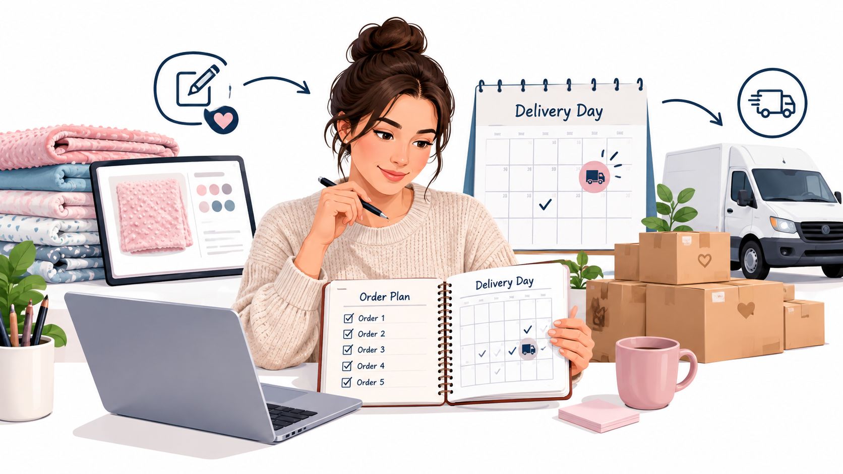 A woman working at her desk organizing shipping orders and delivery schedules for small business inventory items.