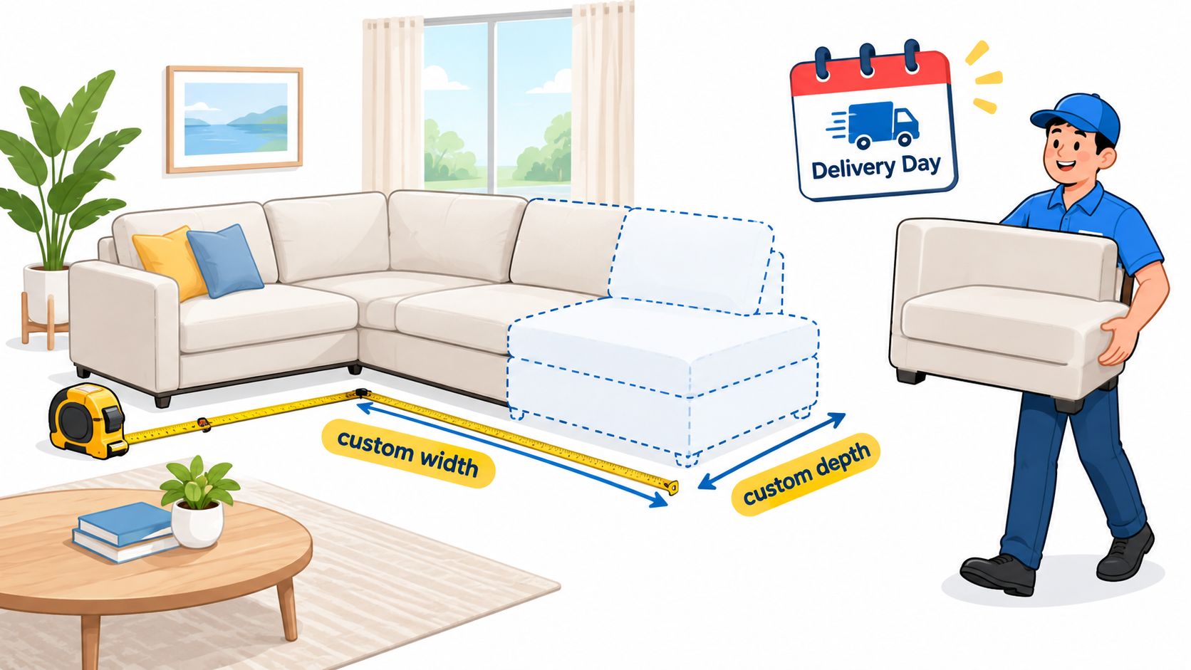 A professional mover carries a sofa section near a customized sectional sofa measured with a tape measure.