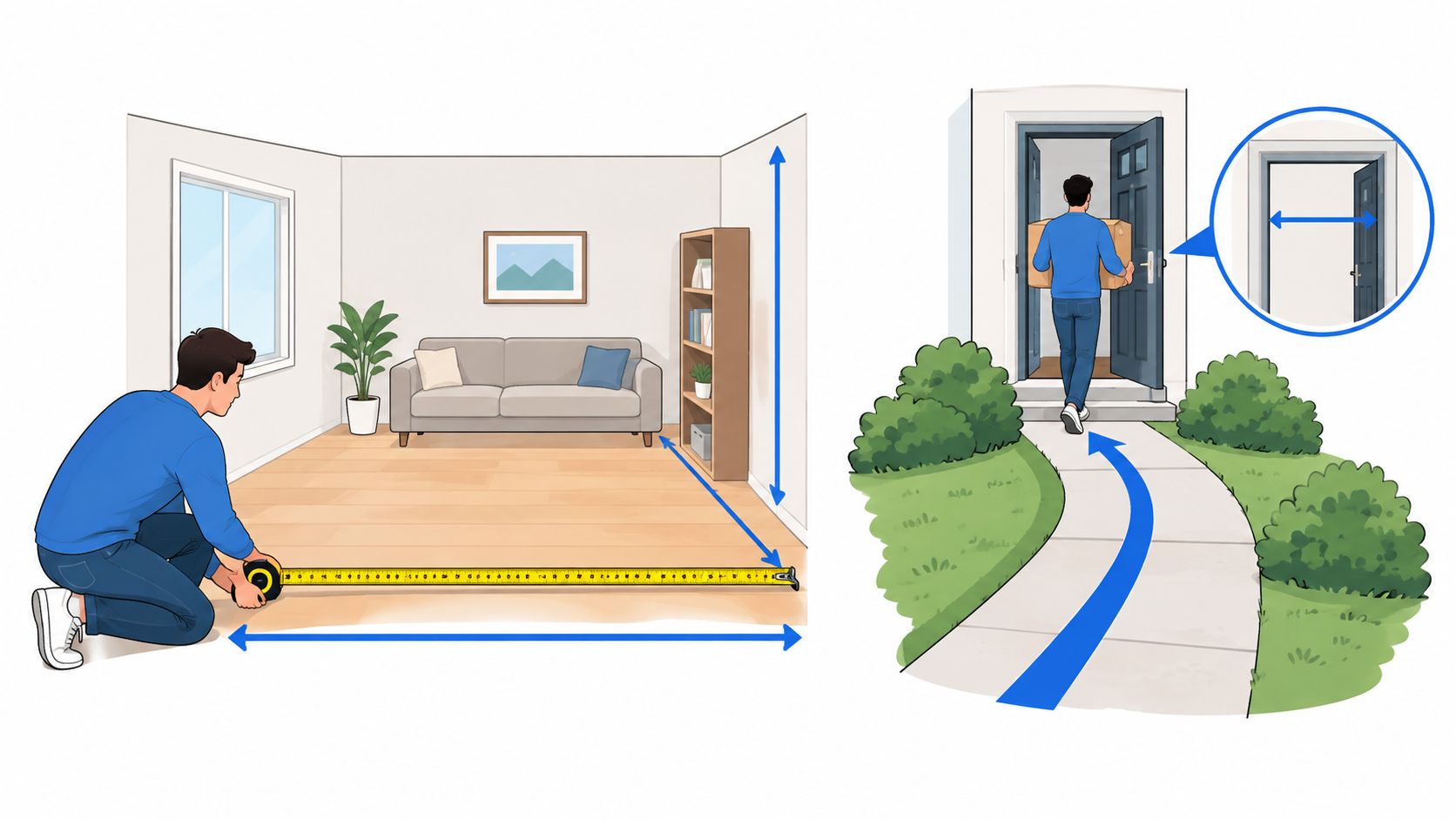 A person measuring room dimensions with a tape measure next to a person carrying a box.