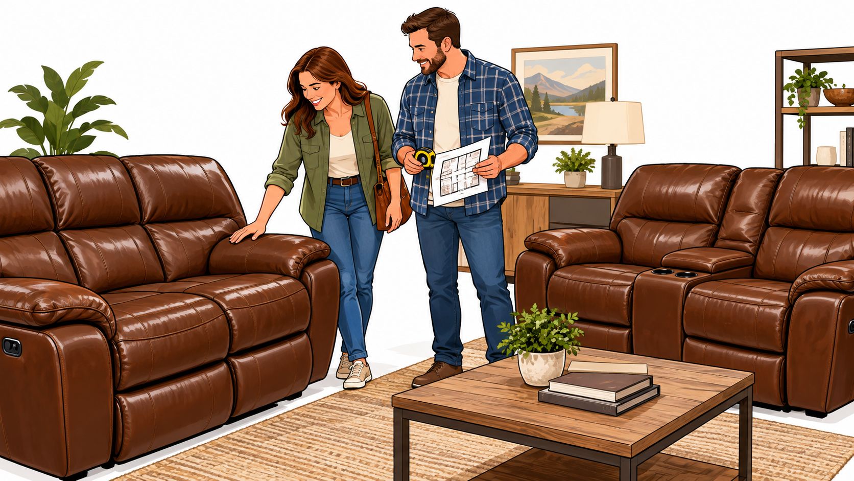 A couple examining a brown leather reclining sofa while holding house plans and a measuring tape indoors.