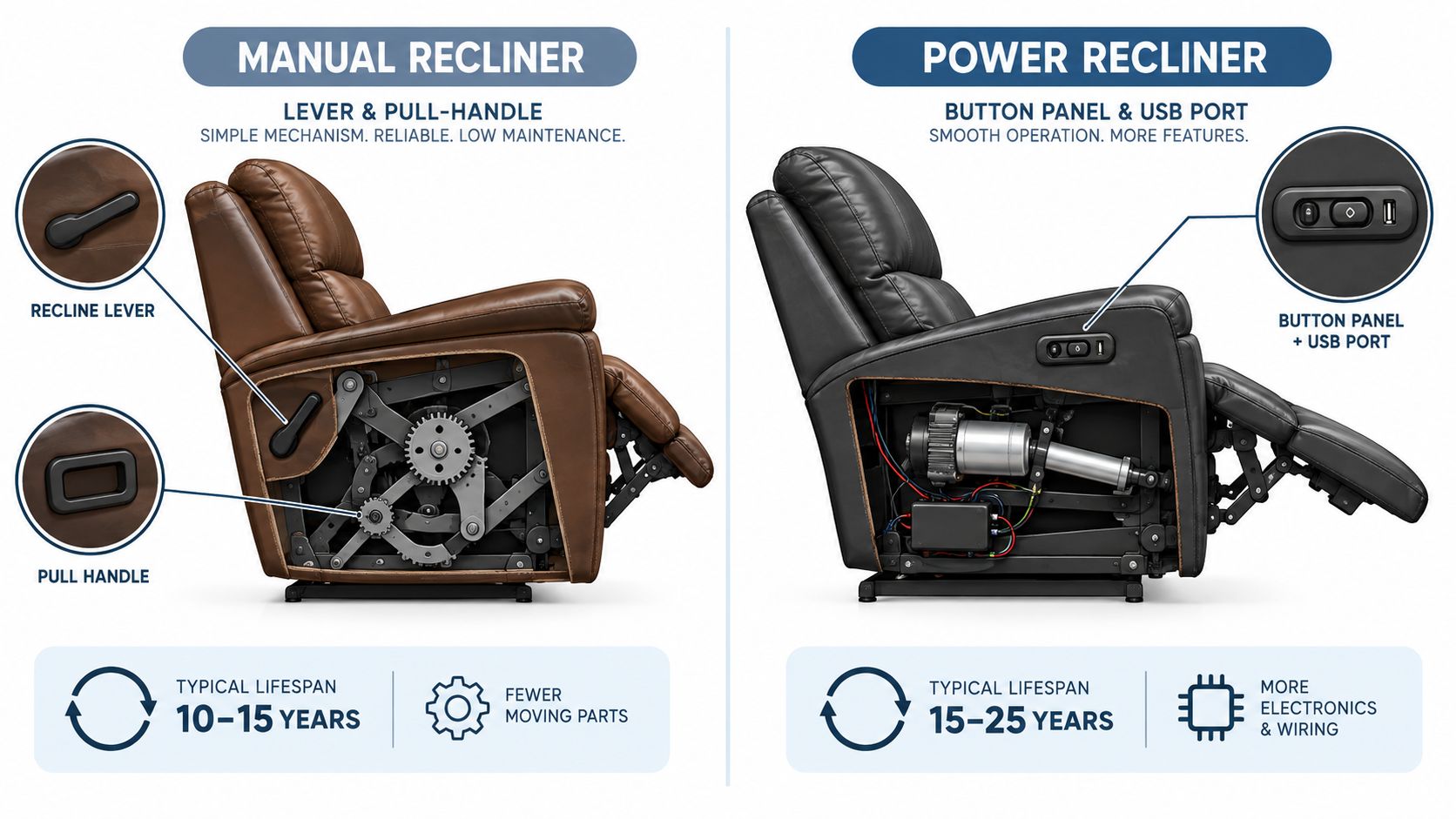 A side-by-side comparison showing the internal mechanisms of a manual recliner versus a power recliner chair.