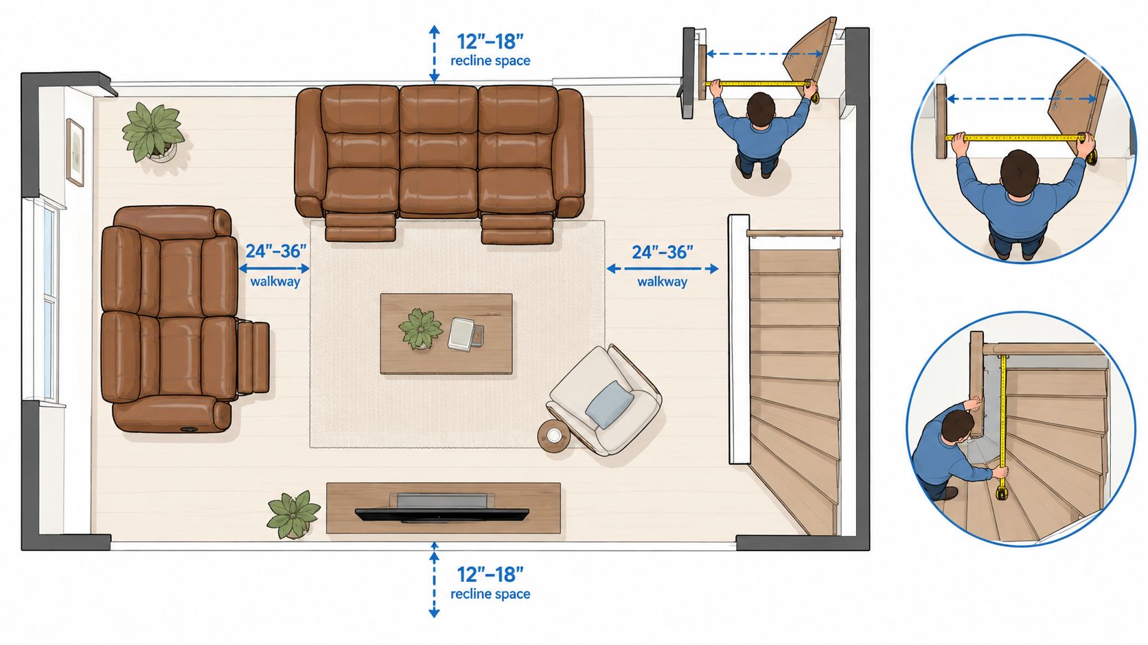 A top-down floor plan diagram illustrating how to measure living room space for recliner sofa placement.