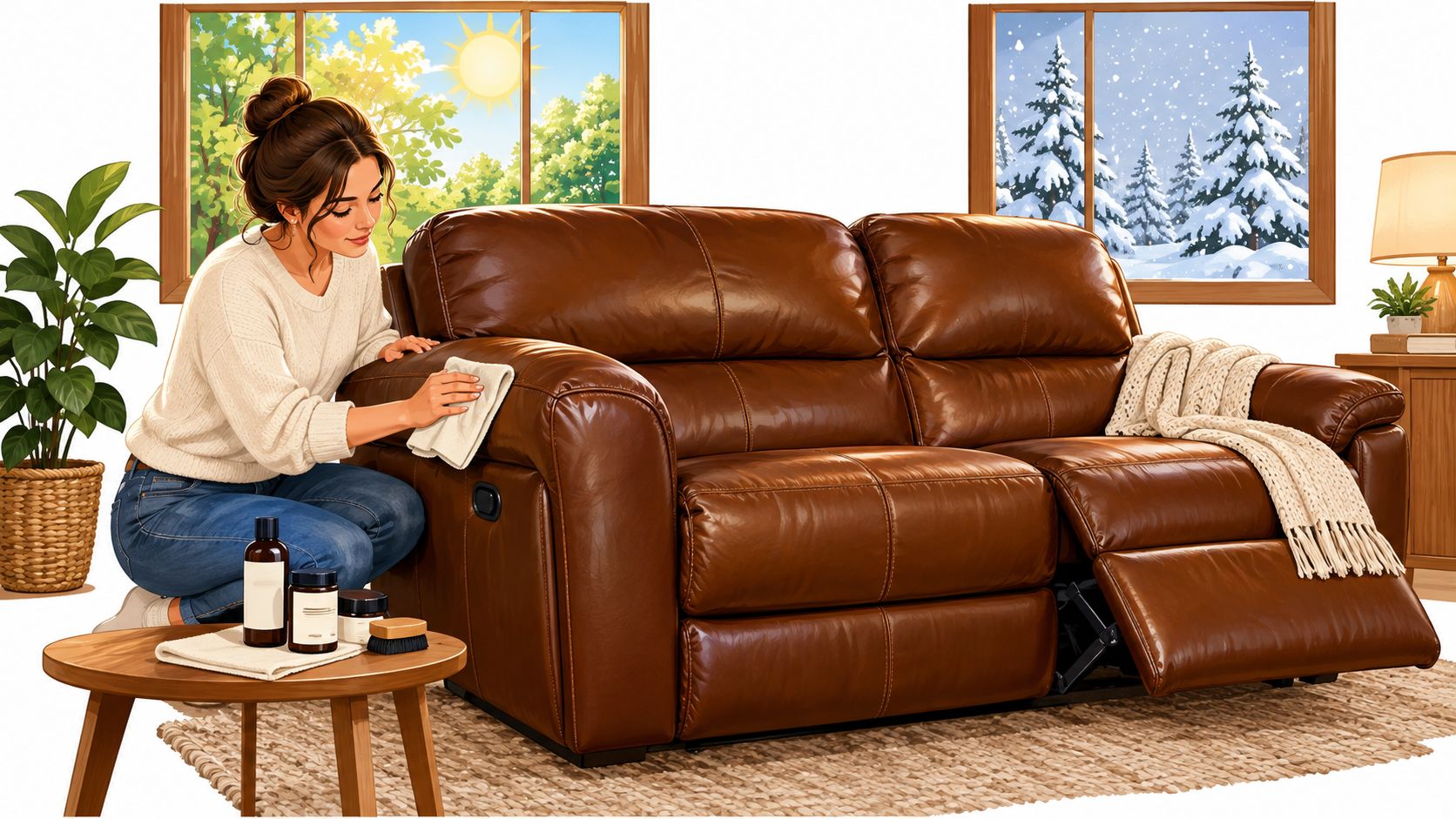 A young woman diligently cleaning a brown leather reclining loveseat with a soft cloth in a cozy room.