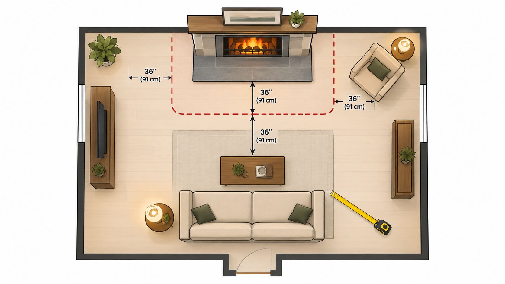 A top-down floor plan illustrating recommended clearance spacing for furniture layout around a living room fireplace.