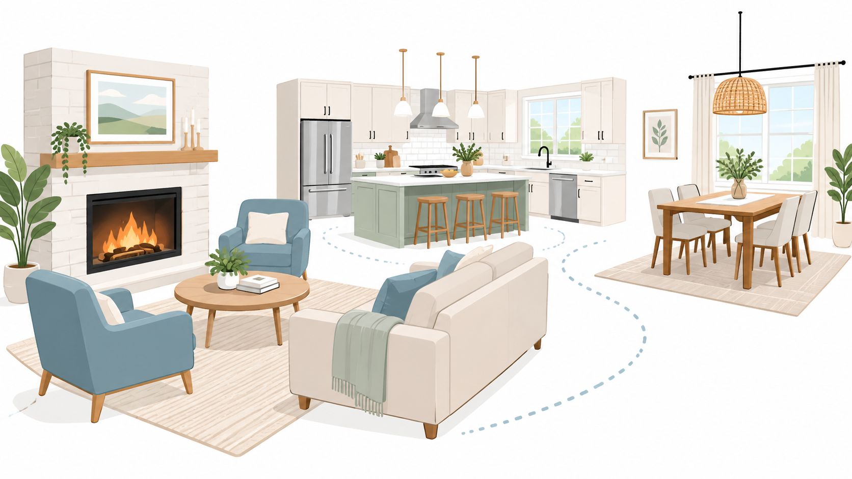Open concept living room furniture layout with a cozy fireplace, kitchen island, and dining area.