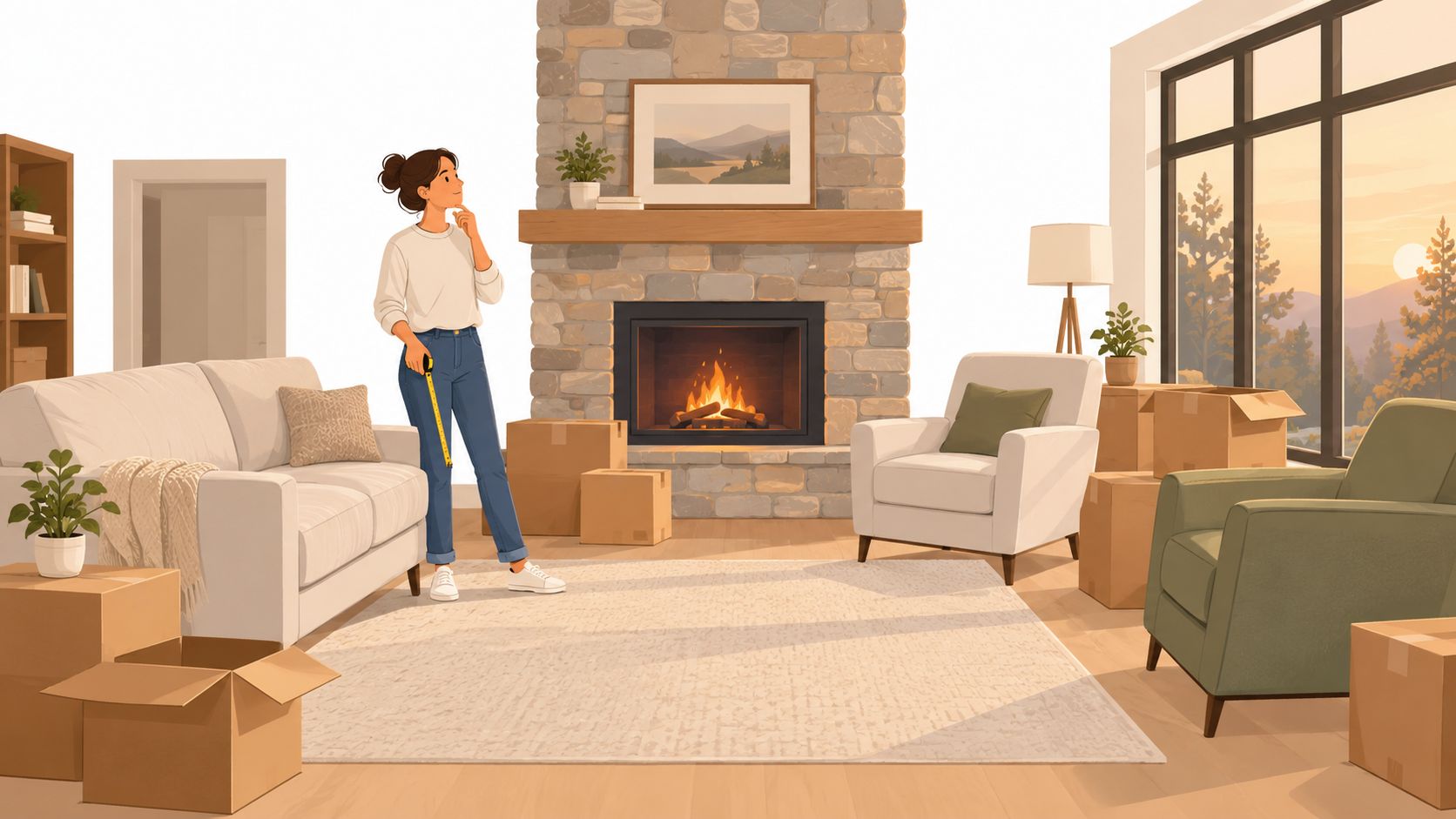 A woman with a measuring tape standing in a living room filled with moving boxes and furniture.