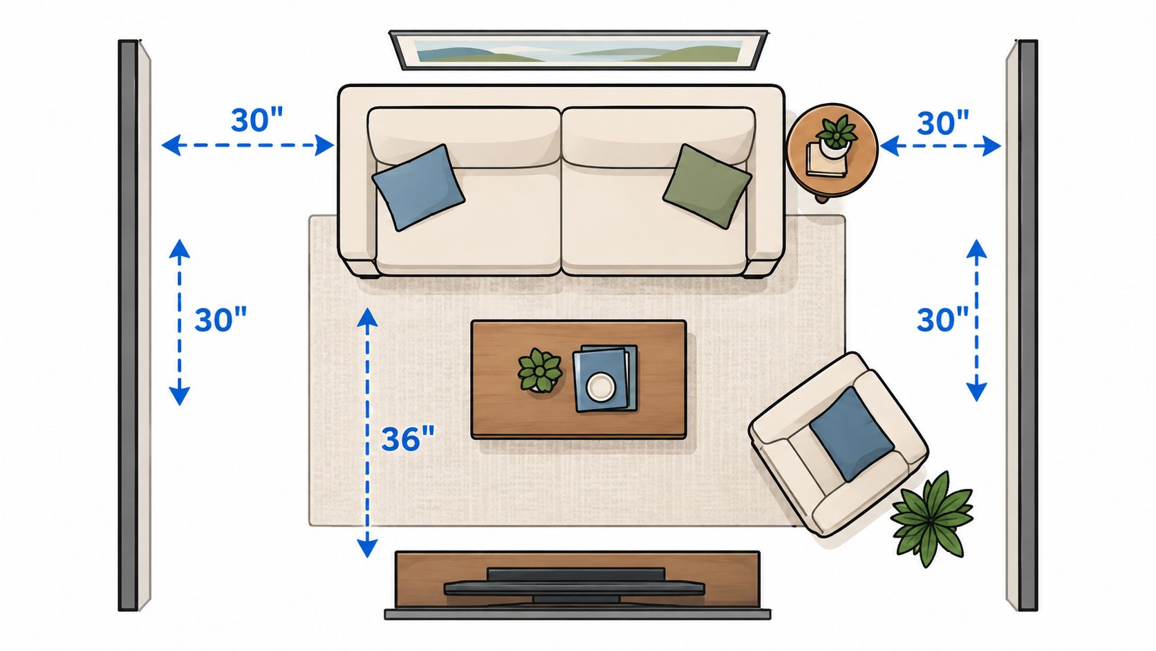 A top-down floor plan diagram showing a living room layout with sofa, chair, and optimal spacing measurements.