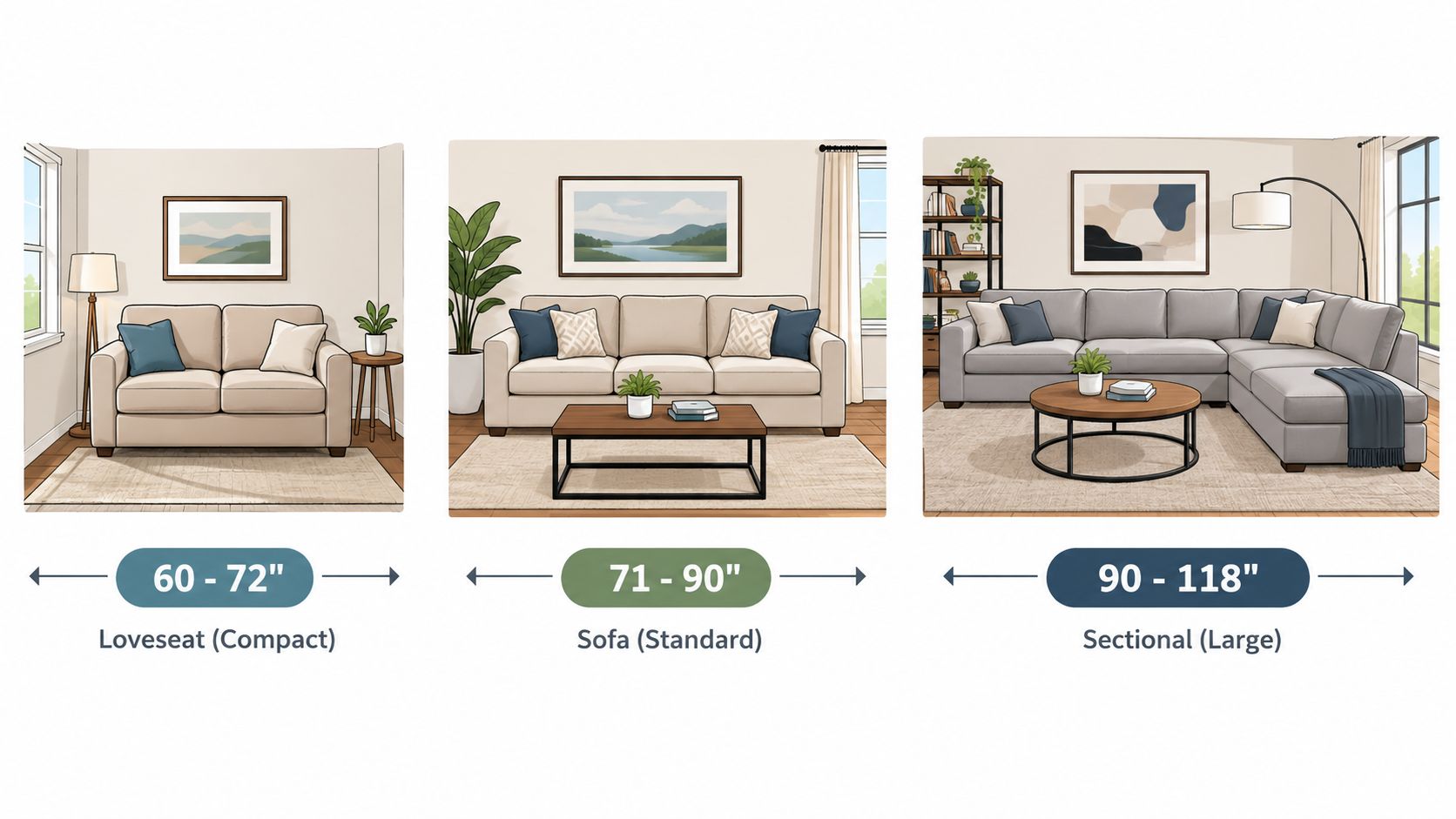 A comparison guide showing size ranges for a compact loveseat, standard sofa, and large sectional furniture pieces.