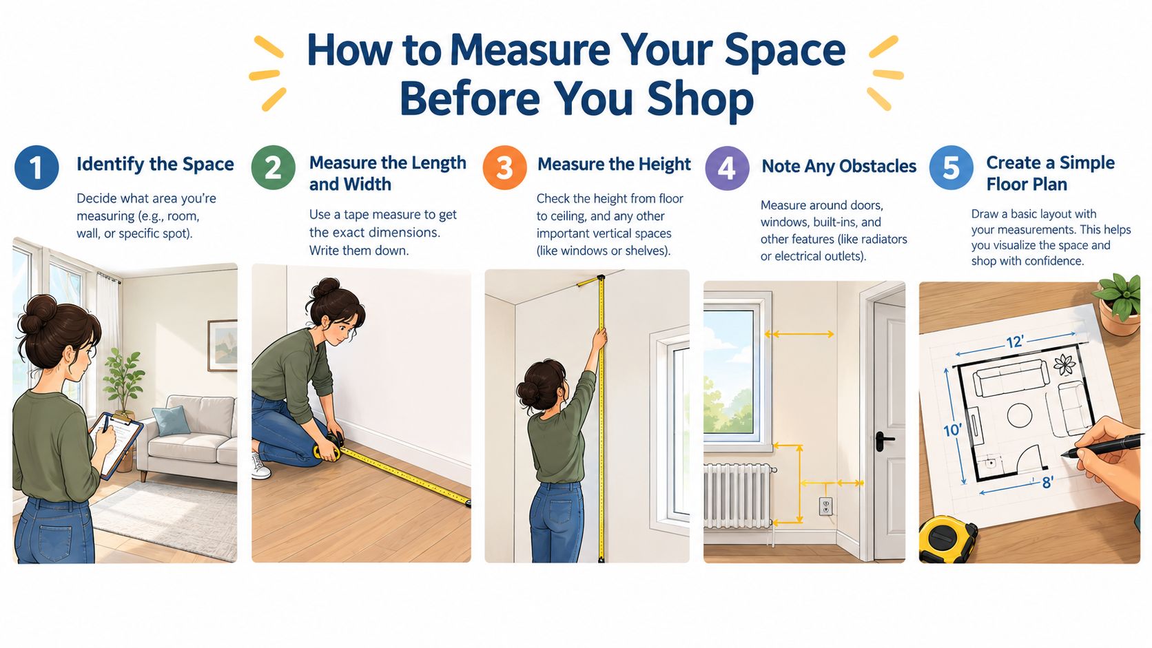 A five-step guide illustration showing a person measuring a living room to plan for new furniture.