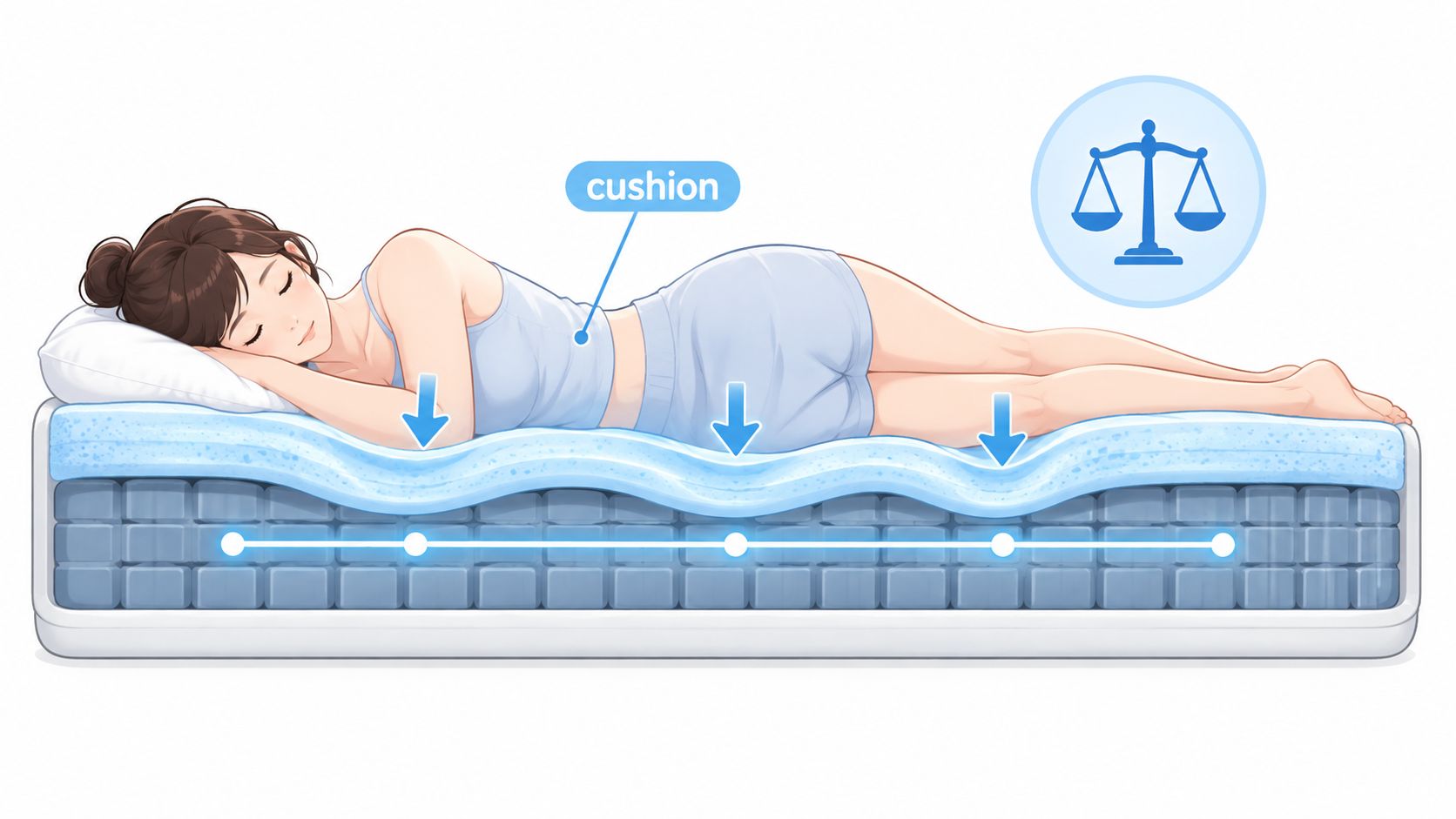 A cross-section illustration showing a woman sleeping on a mattress, highlighting balanced support and cushioning.