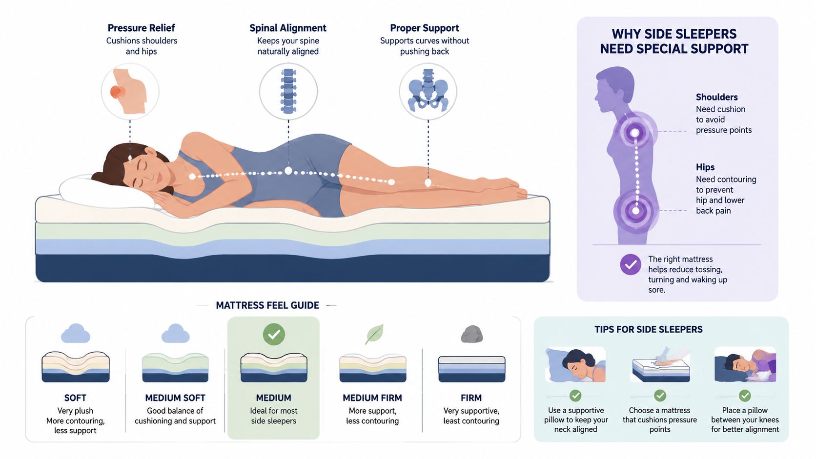 An infographic showing the ideal mattress firmness and support features for comfortable side sleeping positions.