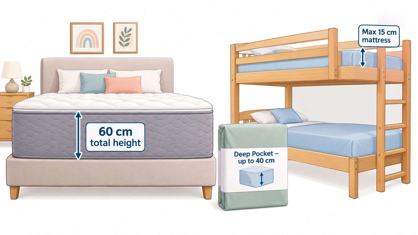An illustration comparing different mattress height requirements for standard beds and bunk bed top bunks.