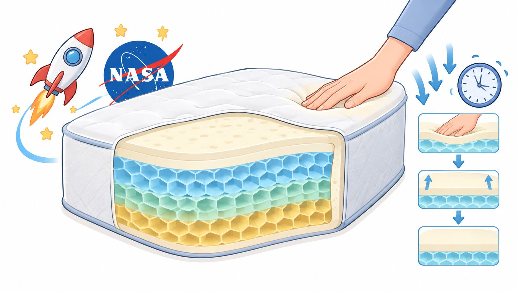 A diagram illustrating the layers of a memory foam mattress, showing how it supports and reacts to pressure.