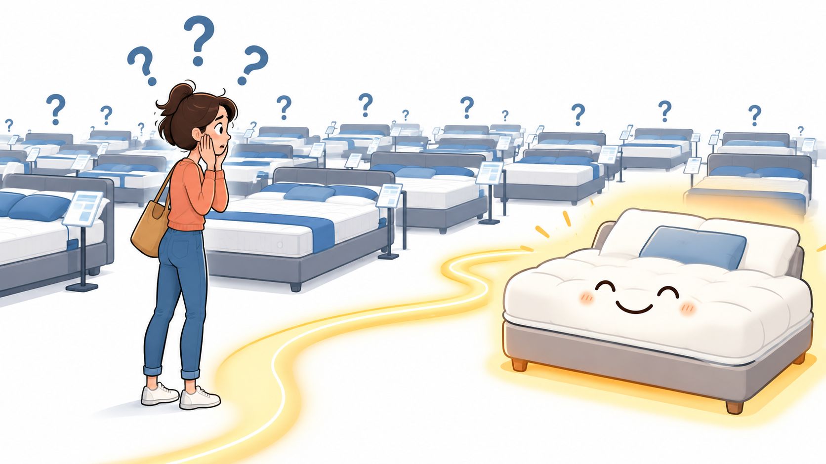 A confused woman in a mattress store looking at many beds while one glowing smiling mattress stands out.