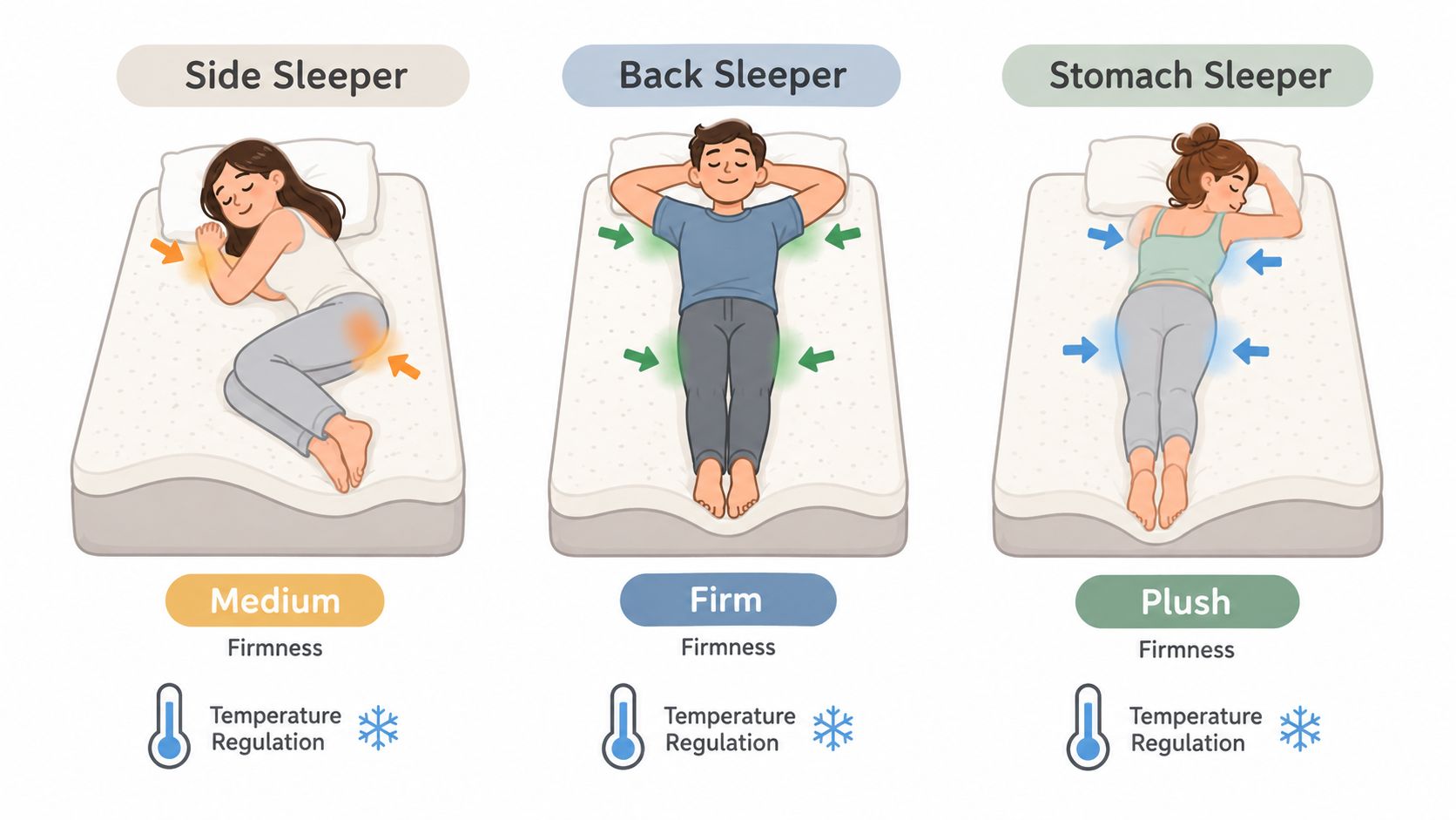 A diagram illustrating ideal mattress firmness levels and temperature regulation for side, back, and stomach sleepers.