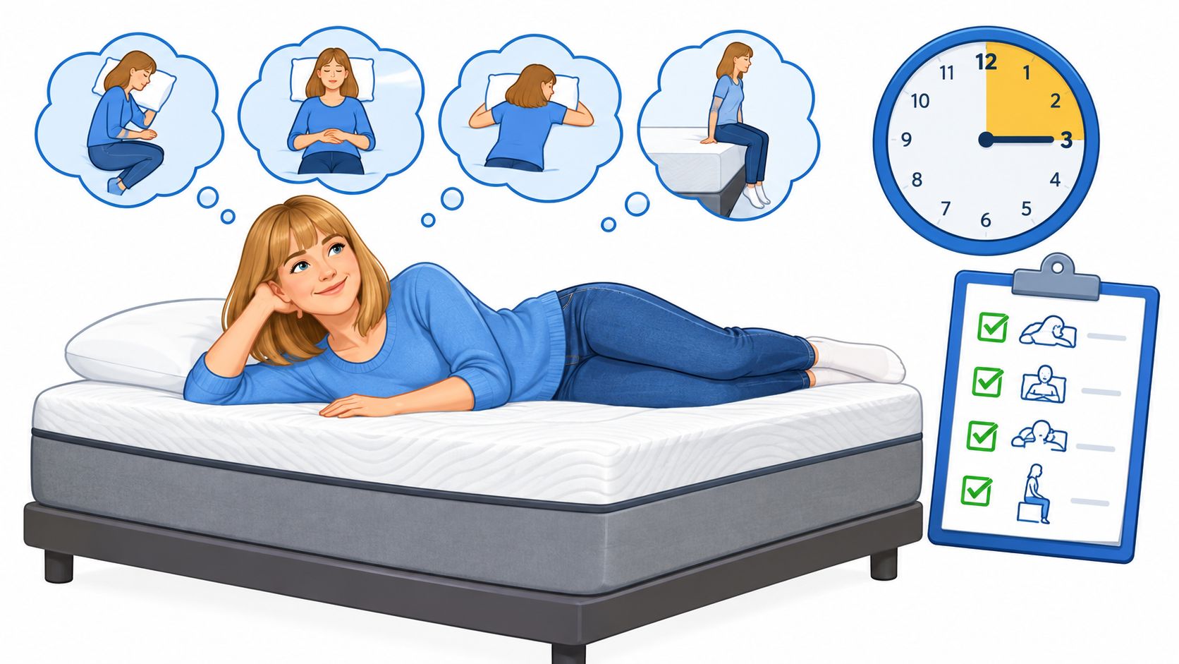 A woman lying on a memory foam mattress, visualizing different sleep positions alongside a clock and checklist.