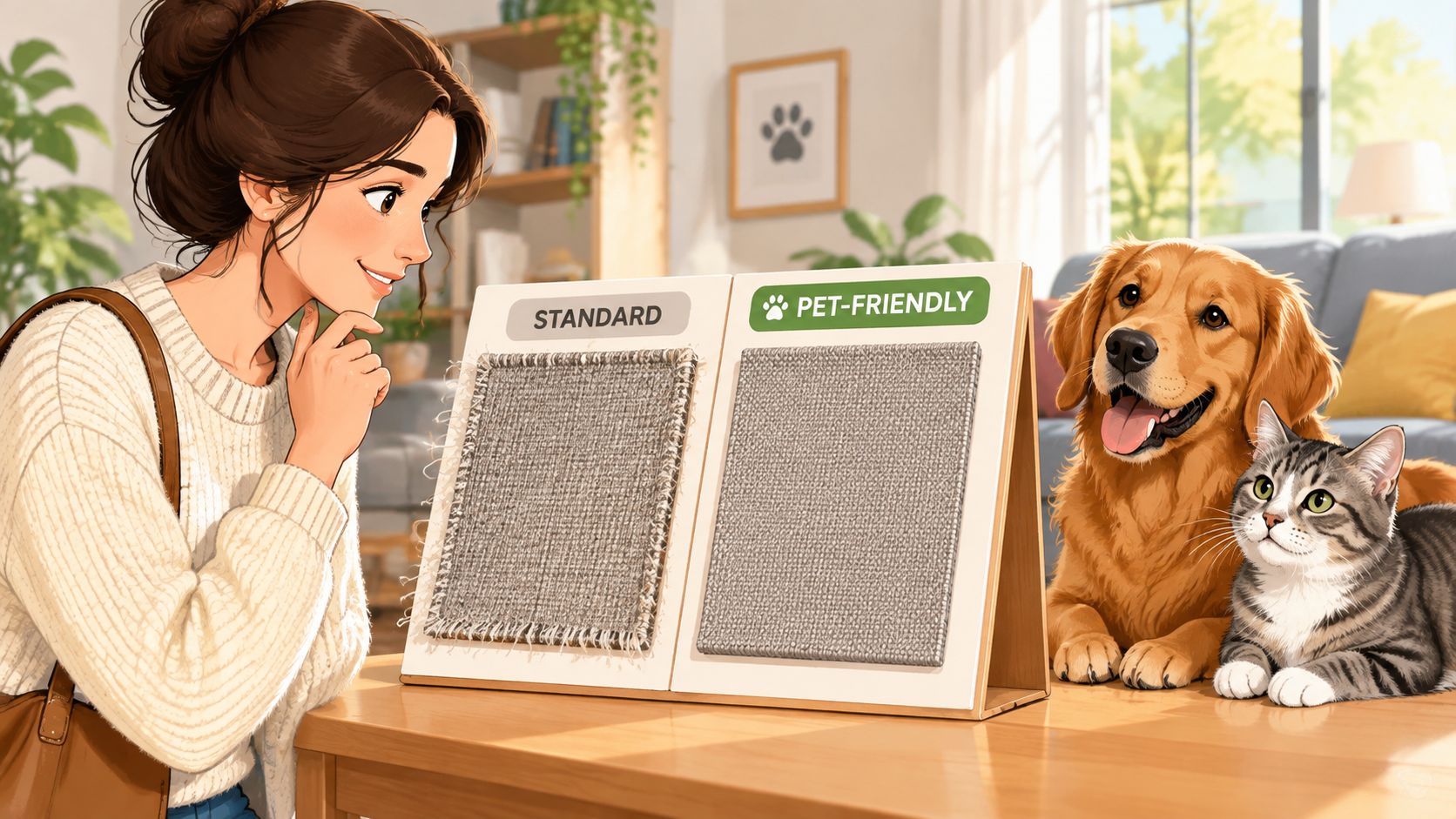 A woman compares standard and pet-friendly carpet samples alongside a golden retriever and a tabby cat.