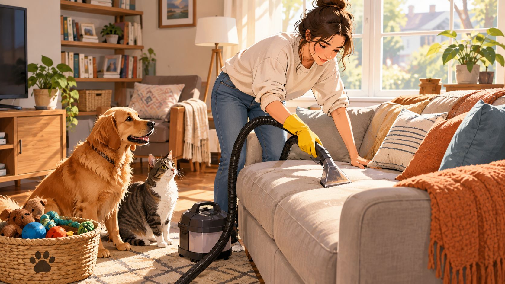 A woman cleaning a light gray couch with a vacuum cleaner while her dog and cat watch.