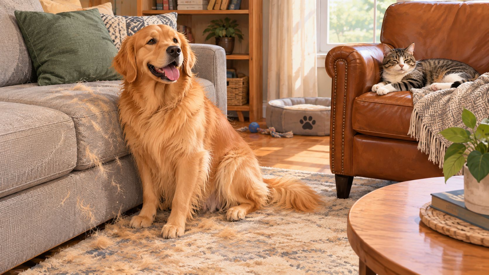 A golden retriever sitting on a rug next to a sofa with a cat relaxing on a chair