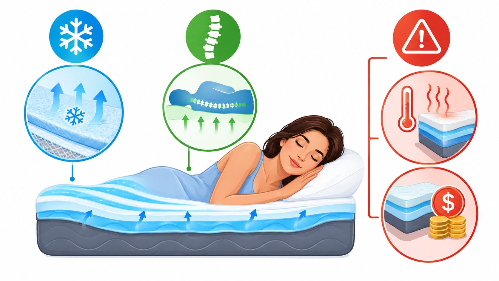 A woman sleeping comfortably on a cooling gel memory foam mattress with infographic icons showing support and heat.