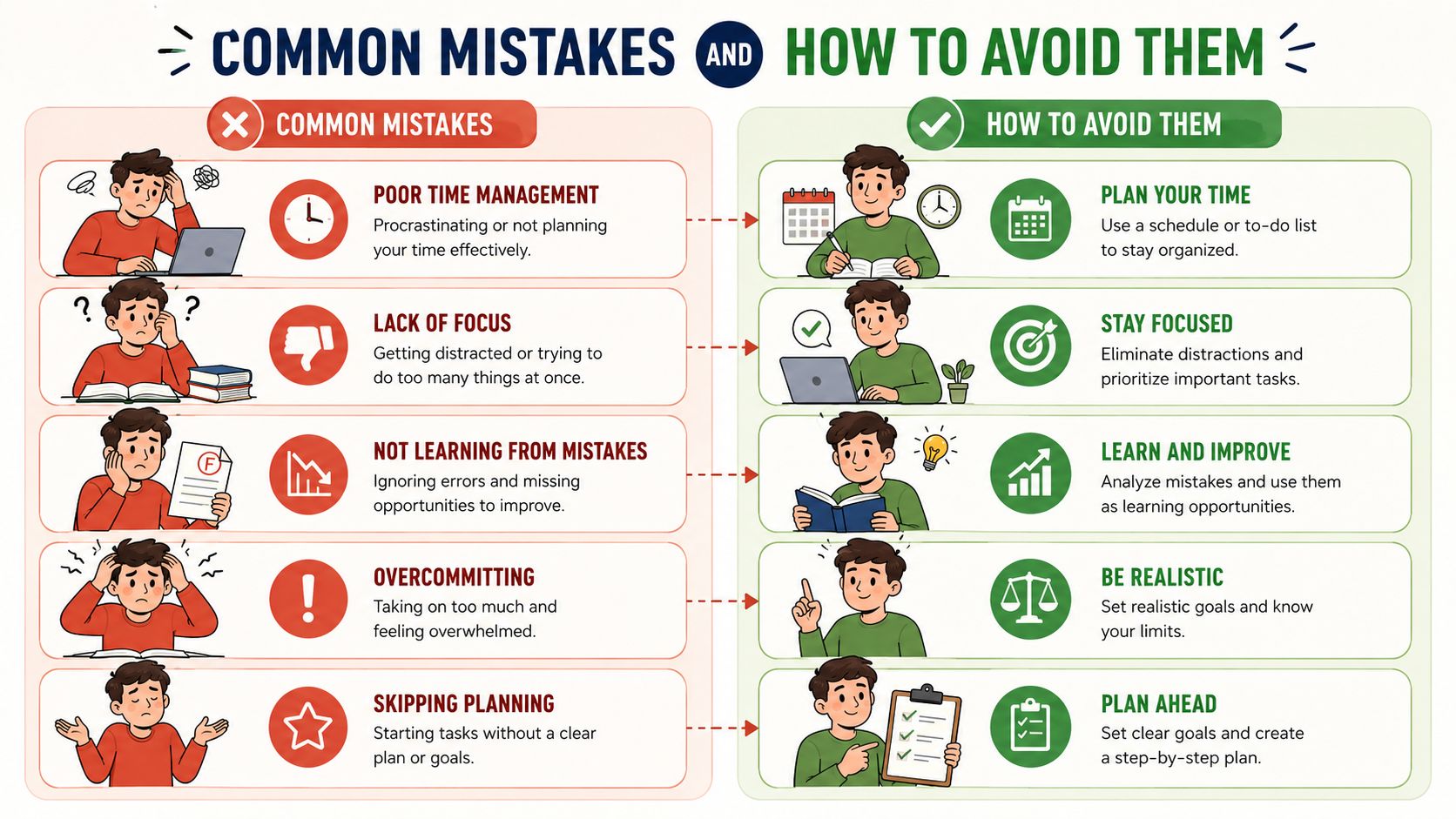 An infographic illustrating common mistakes like poor time management and how to avoid them with positive habits.