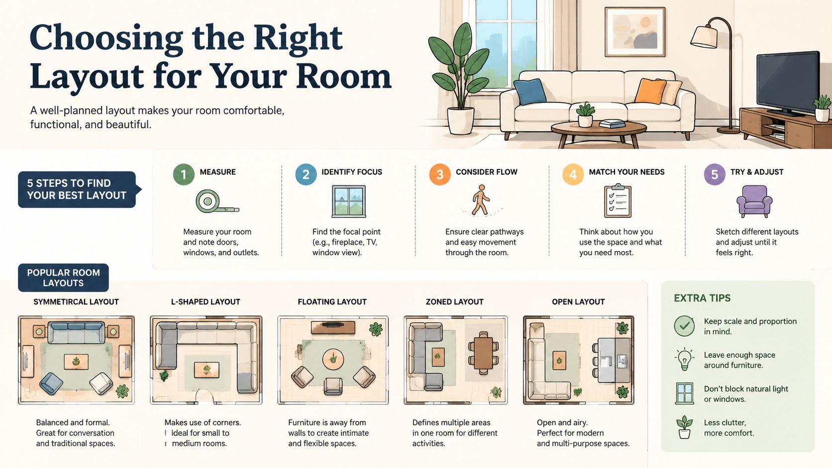 An infographic showing five steps to plan a room layout and examples of popular interior design arrangements.