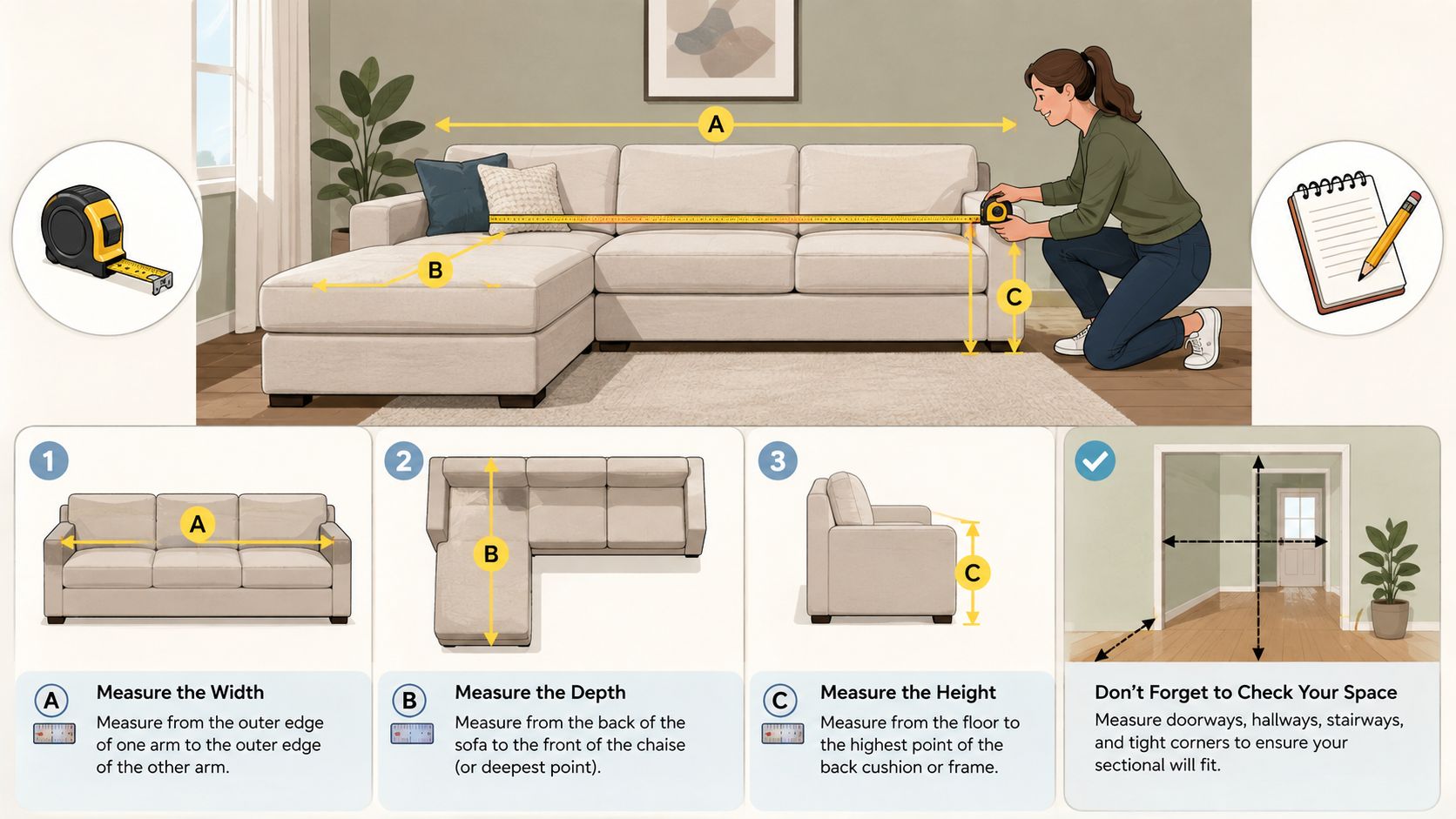 A woman using a measuring tape to measure a sectional sofa with diagrams showing how to measure width, depth, and height.