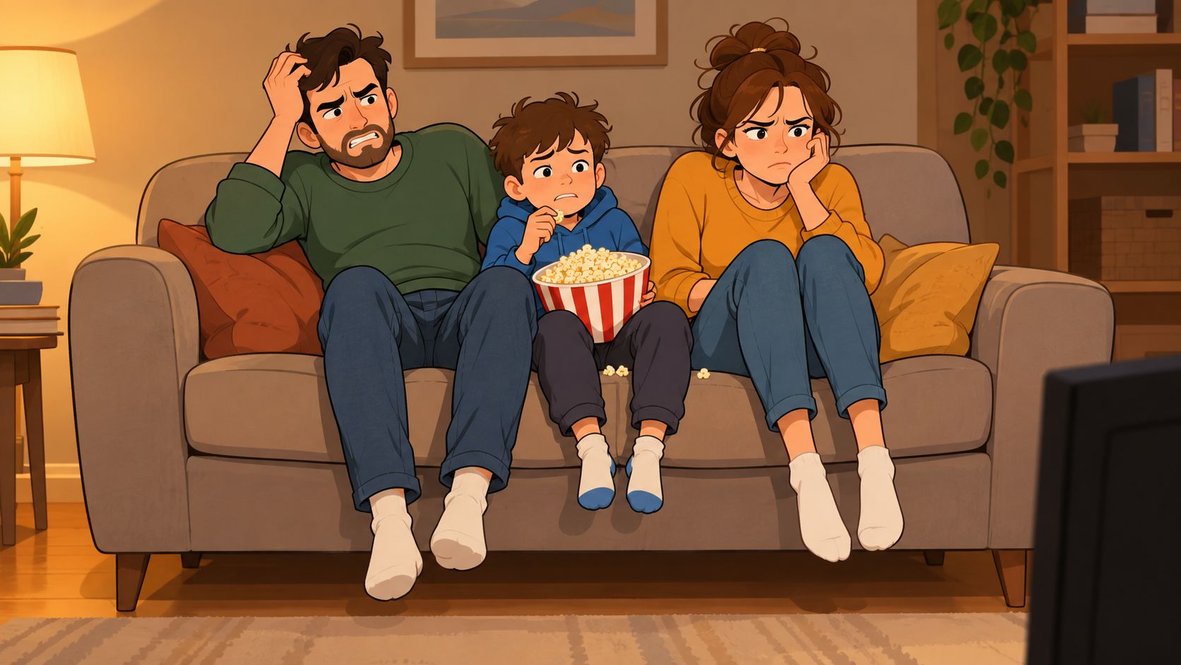 A family of three sitting on a comfortable gray sectional sofa while watching television together at home.