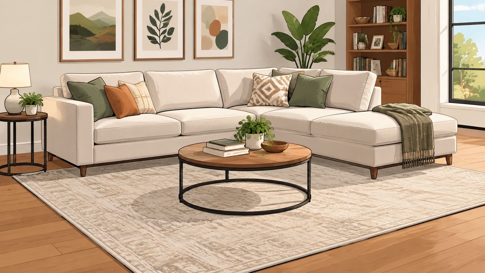 A cozy, modern living room featuring a light beige sectional sofa, a round coffee table, and area rug.