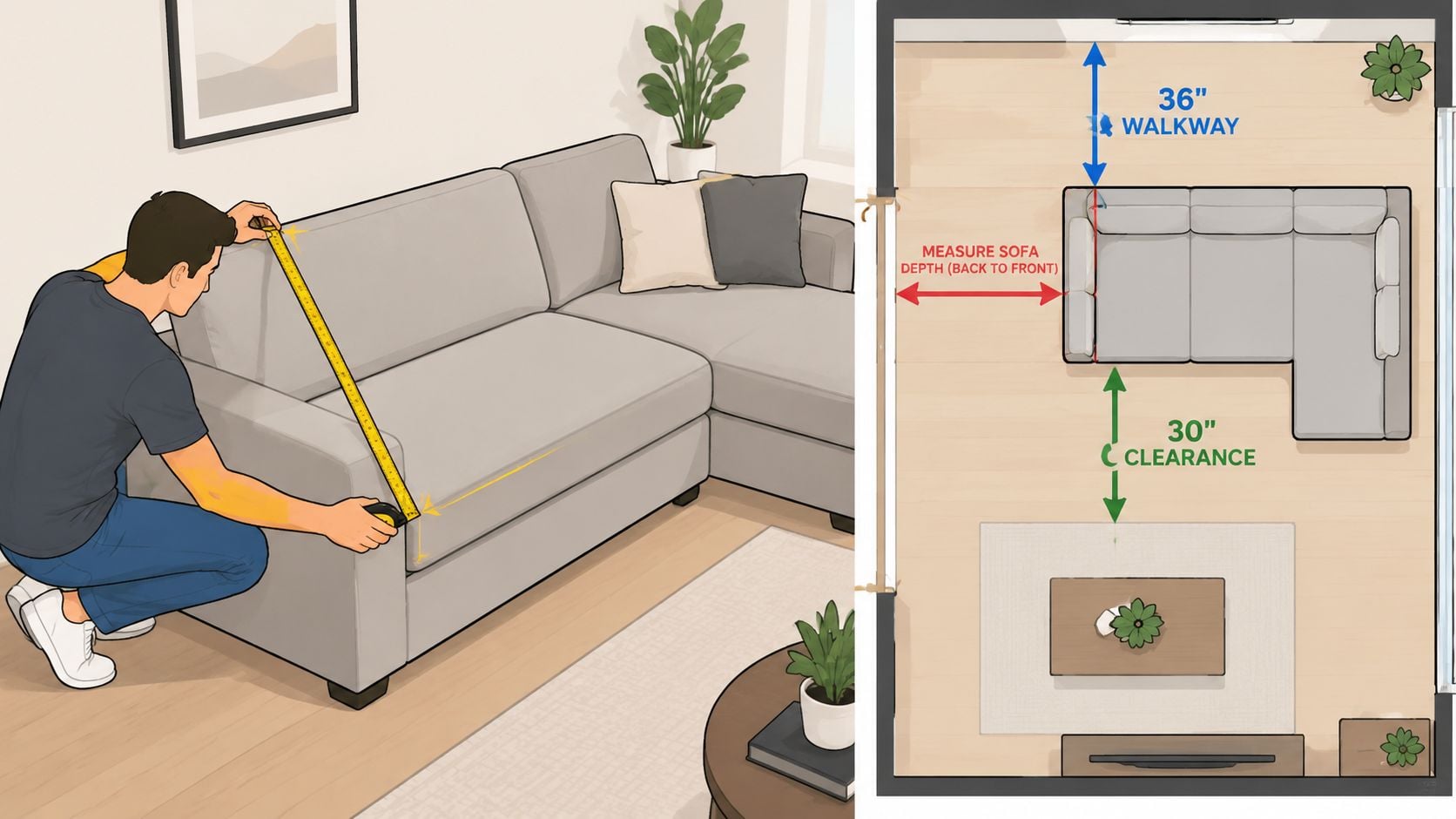 A person measures a sectional sofa with a tape measure next to a room layout diagram.