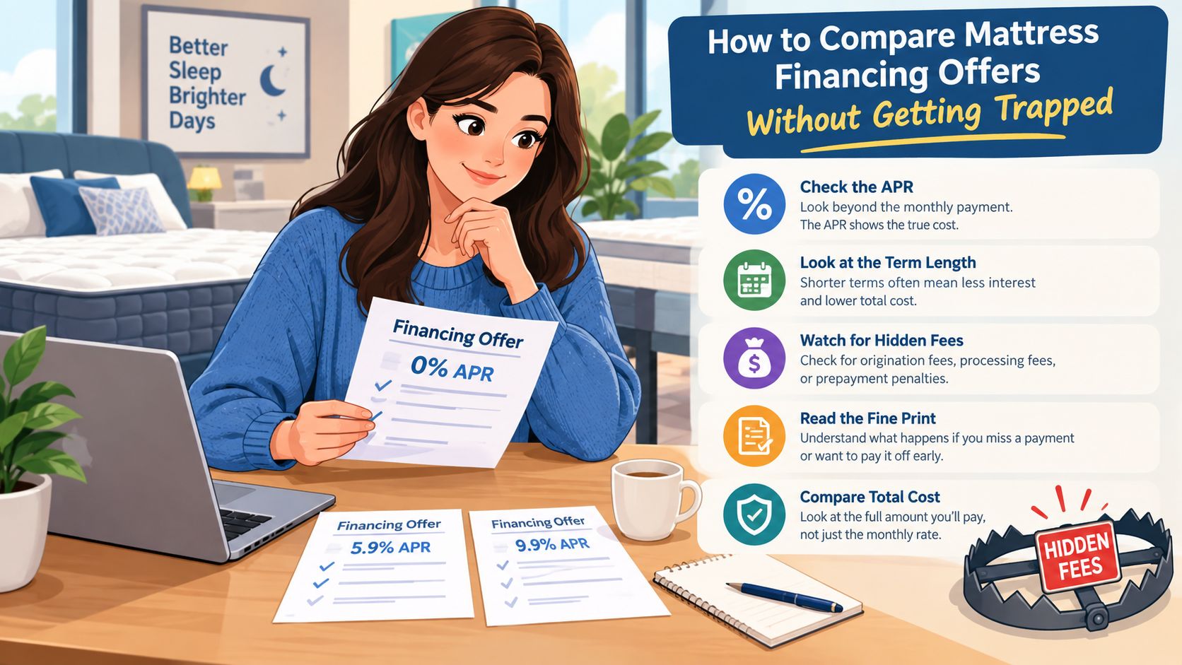 A woman reviewing various mattress financing offers to understand interest rates and avoid potential hidden financial fees.