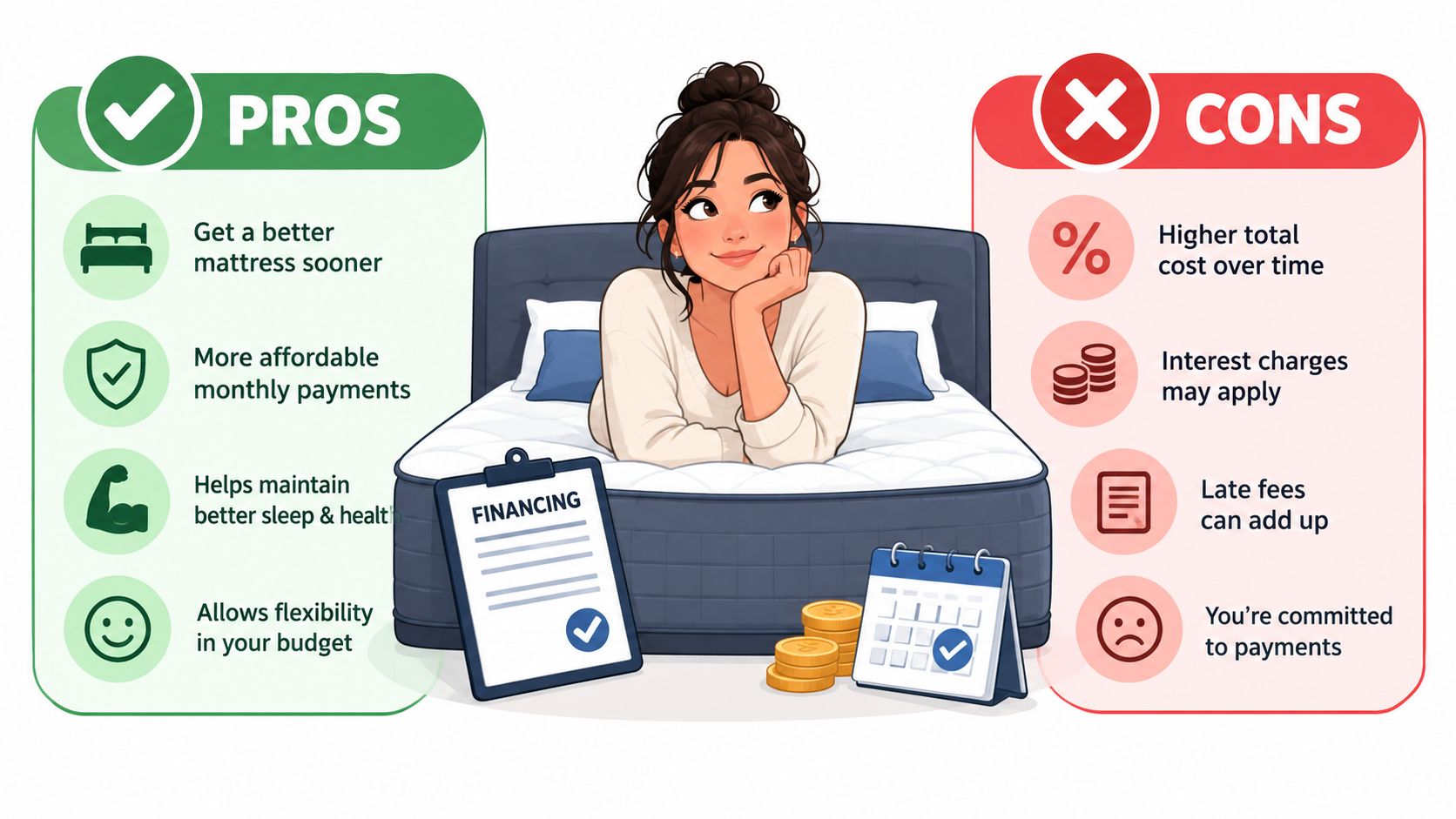 An infographic comparing the pros and cons of financing a mattress for improved sleep and budget management.
