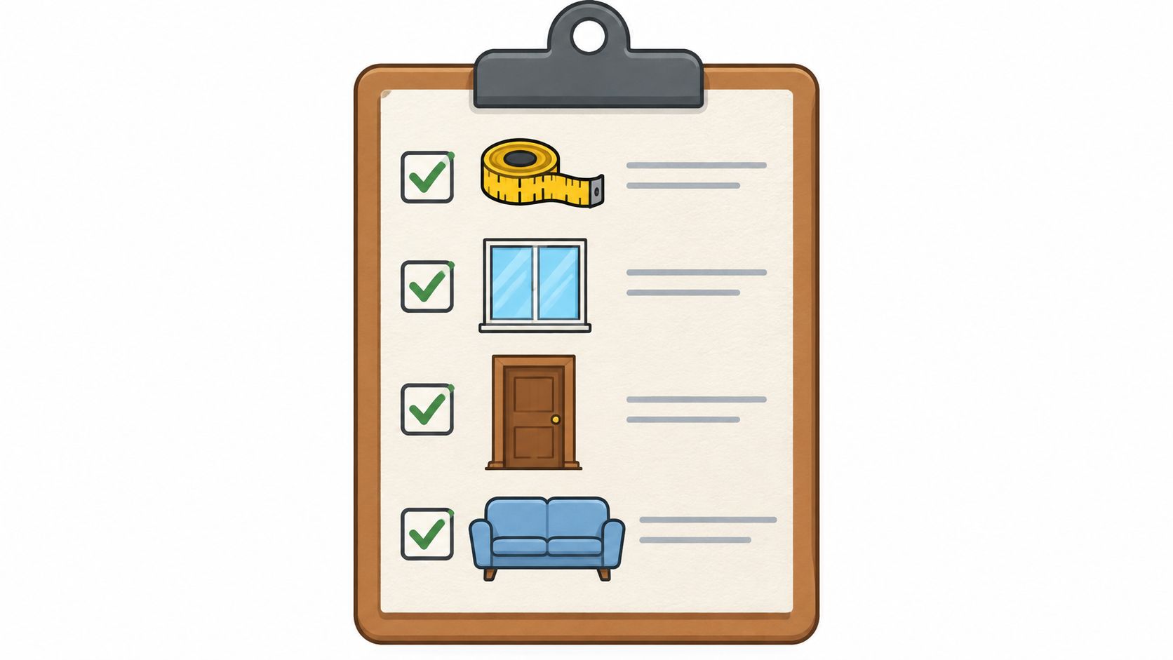 A clipboard with a checklist showing a measuring tape, window, door, and sofa icon with checkmarks.