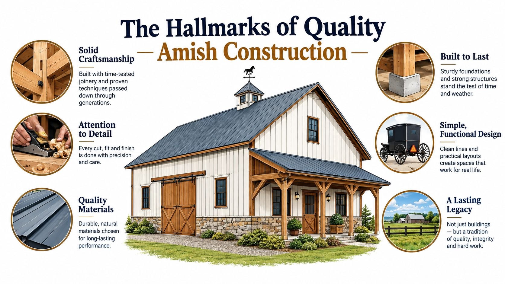 An infographic illustrating the quality hallmarks of Amish construction including craftsmanship, detail, materials, and functional design.